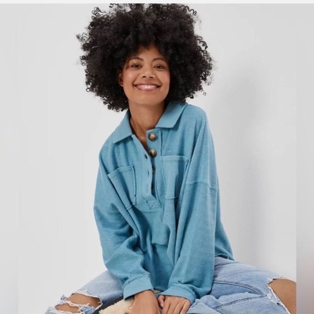 American Eagle Pullover Sweatshirt Womens XS  Herringbone Henley Oversized